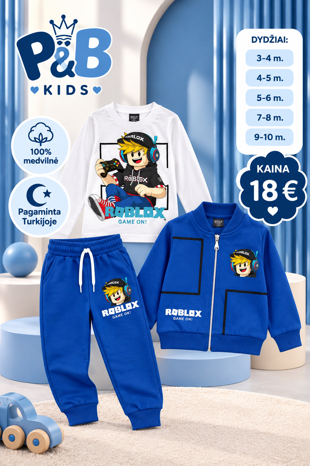 Berniukiškas mėlynas trijų dalių ROBLOX sportinis kostiumėlis